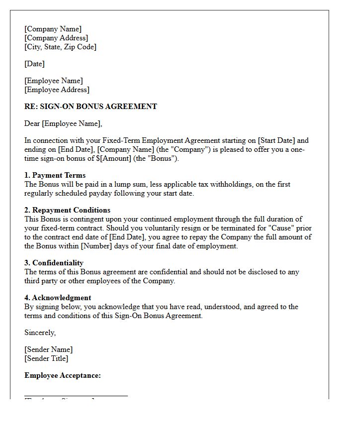 Fixed-Term Contract Sign-On Bonus Agreement Letter