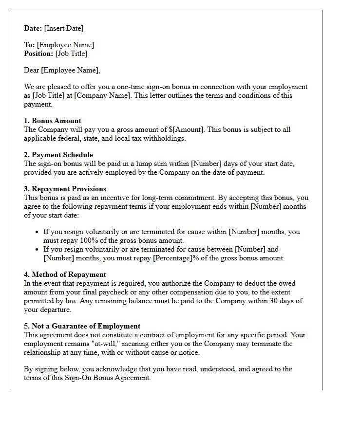 Senior Management Sign-On Bonus Agreement Letter