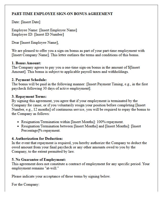 Part-Time Employee Sign-On Bonus Agreement Letter