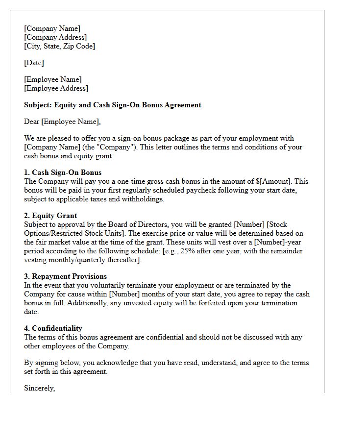 Equity and Cash Sign-On Bonus Agreement Letter