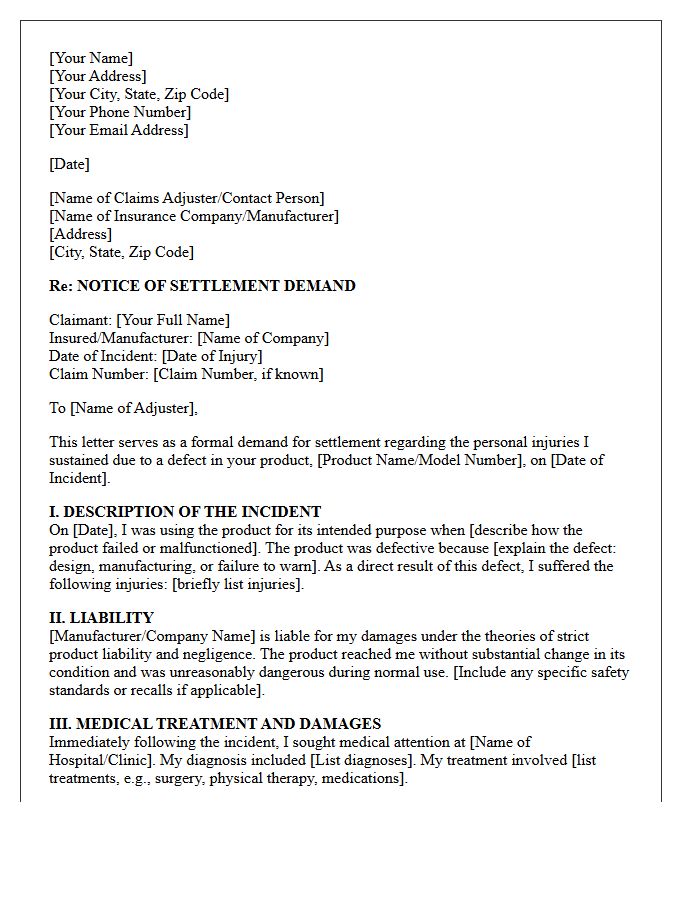 Defective Product Personal Injury Settlement Demand Letter