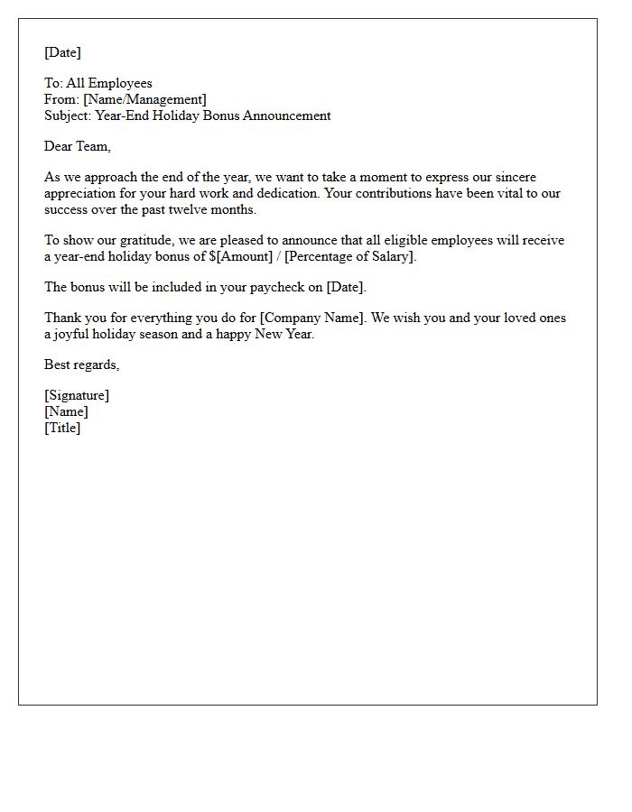 Annual Year-End Holiday Bonus Announcement Letter