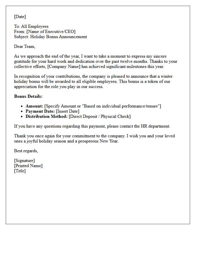 Corporate Winter Holiday Bonus Announcement Letter