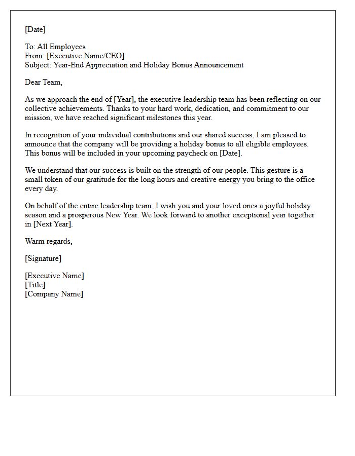 Executive Leadership Holiday Bonus Announcement Letter