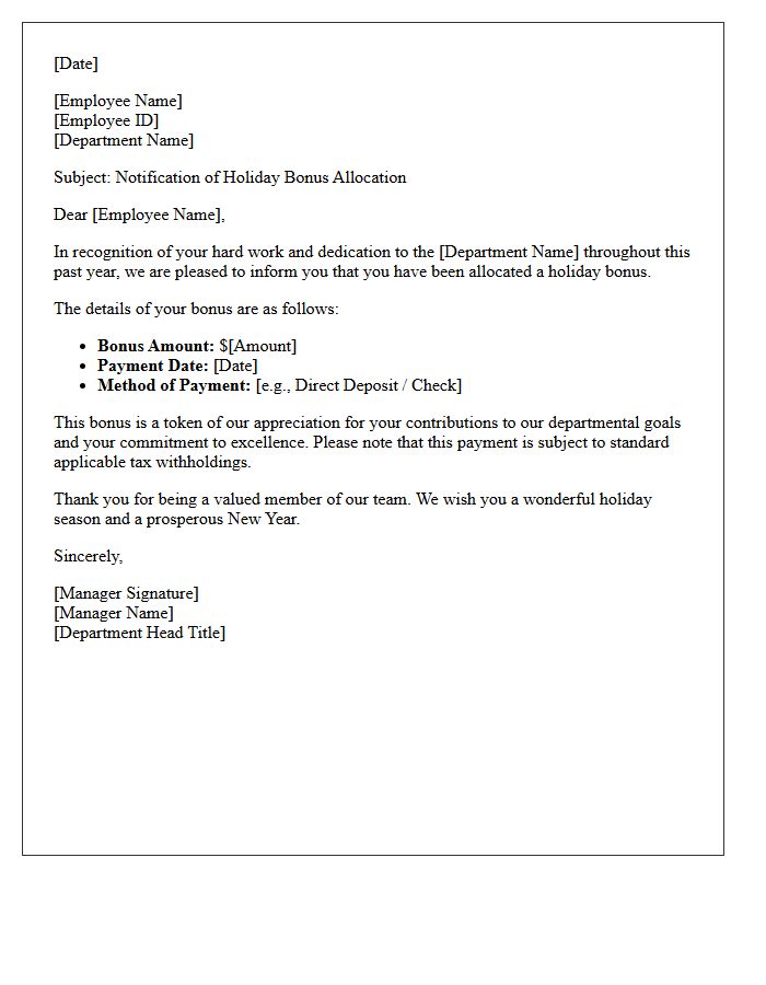 Departmental Holiday Bonus Allocation Letter