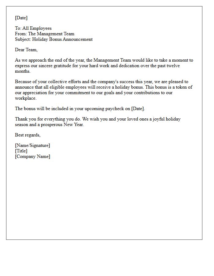 Management Team Holiday Bonus Announcement Letter