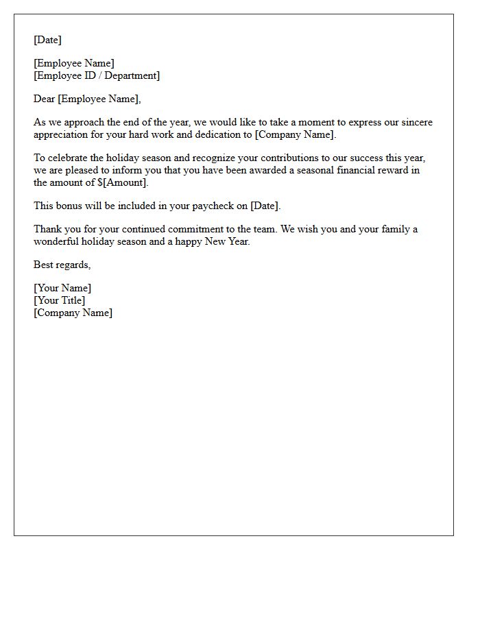 Seasonal Financial Reward Holiday Bonus Letter