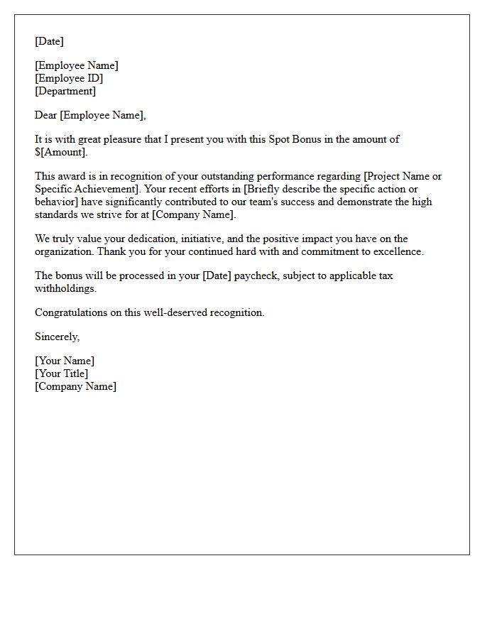 Outstanding Performance Spot Bonus Recognition Letter