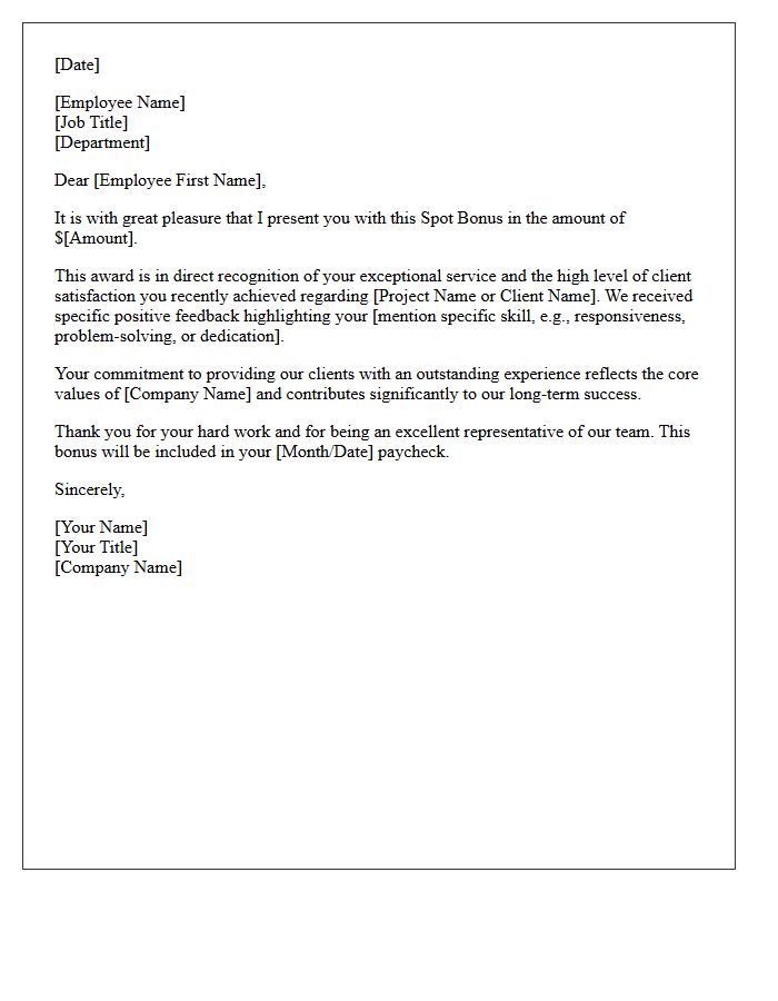 Client Satisfaction Spot Bonus Recognition Letter