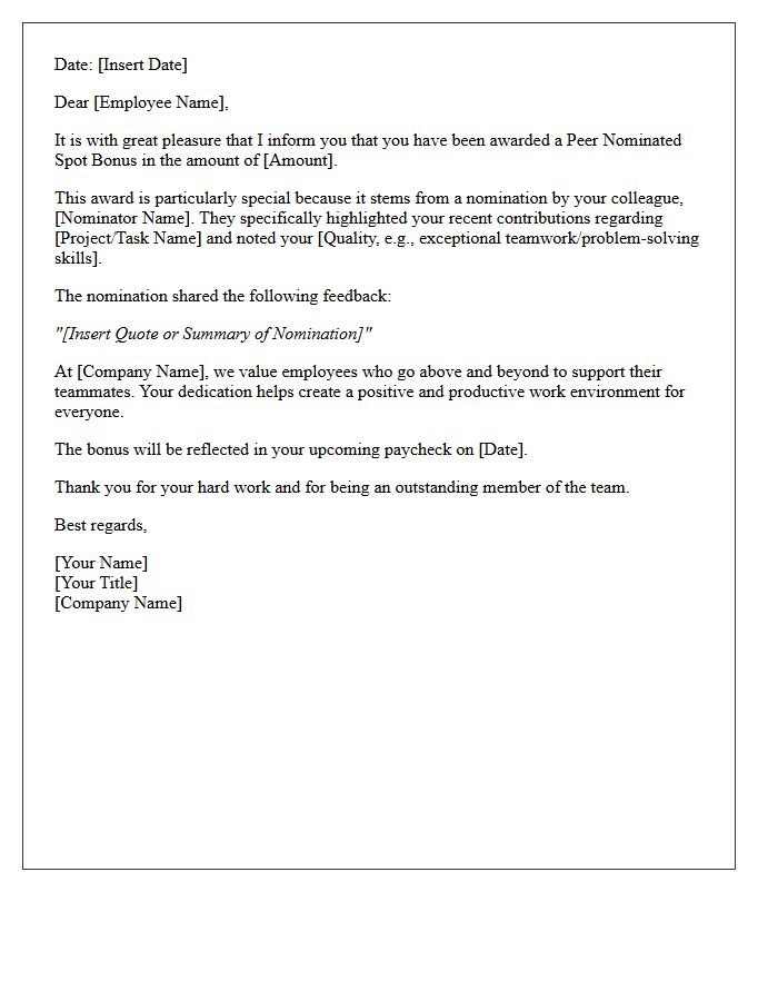 Peer Nominated Spot Bonus Appreciation Letter