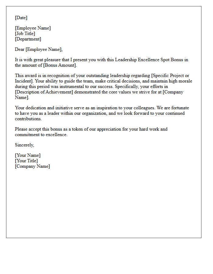 Leadership Excellence Spot Bonus Recognition Letter