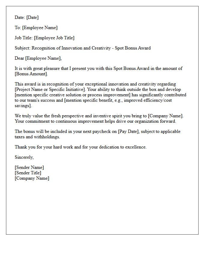 Innovation and Creativity Spot Bonus Award Letter