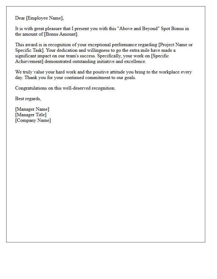 Above and Beyond Spot Bonus Recognition Letter