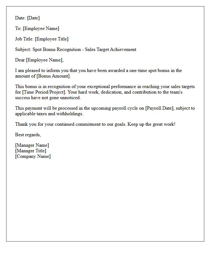 Sales Target Spot Bonus Recognition Letter
