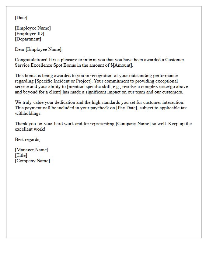 Customer Service Excellence Spot Bonus Letter