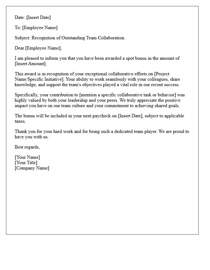Team Collaboration Spot Bonus Recognition Letter