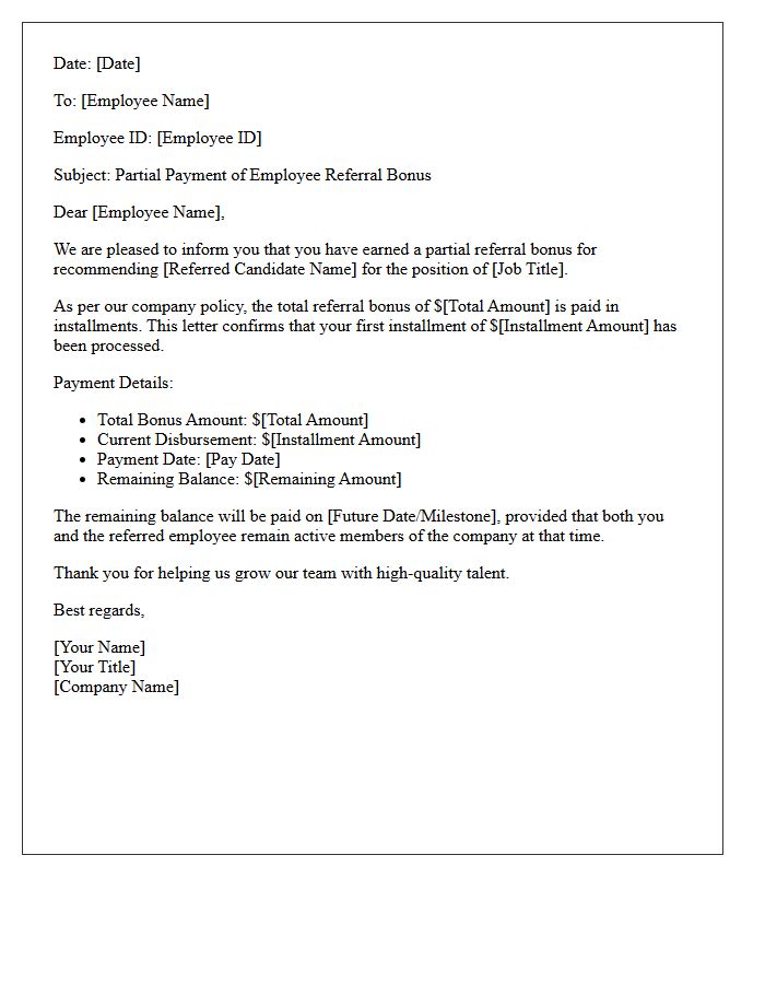 Partial Employee Referral Bonus Disbursement Letter