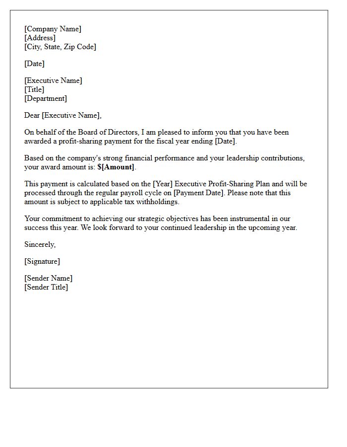 Executive Profit-Sharing Award Letter