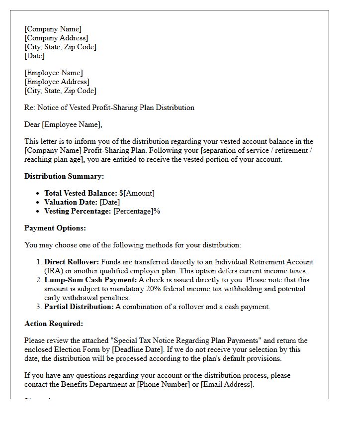 Vested Profit-Sharing Distribution Letter