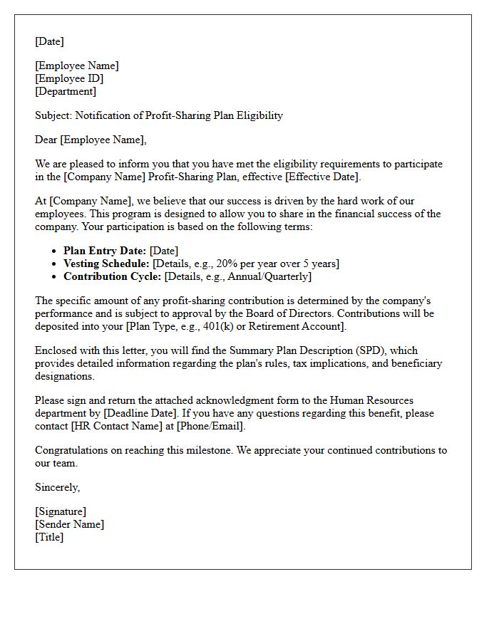New Employee Profit-Sharing Eligibility Letter