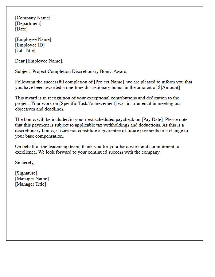Project Completion Discretionary Bonus Award Letter