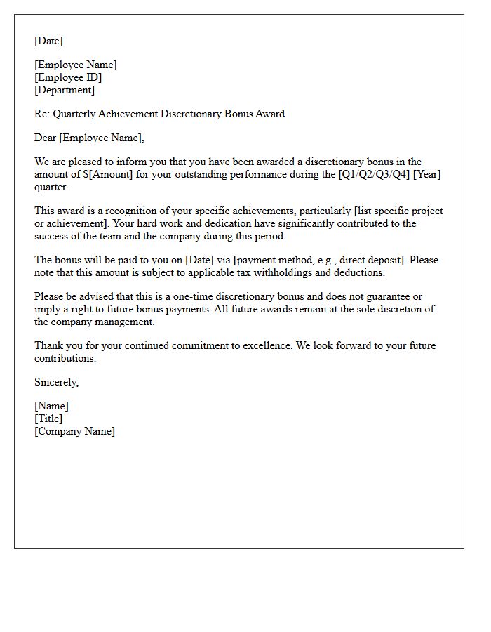 Quarterly Achievement Discretionary Bonus Award Letter
