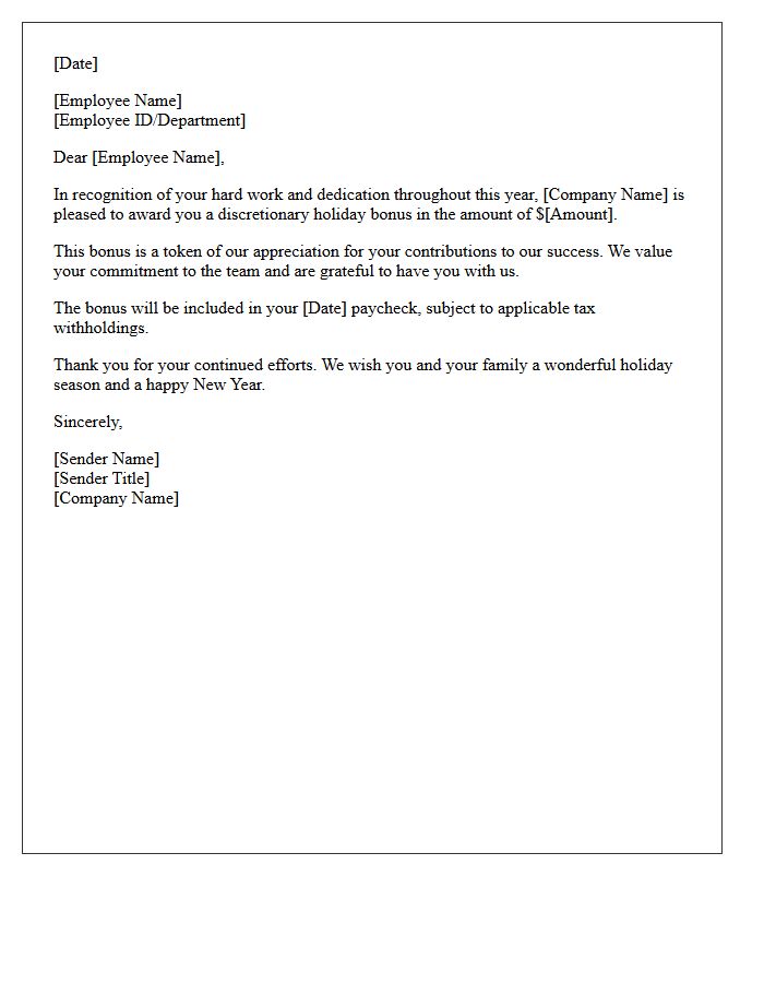 Holiday Recognition Discretionary Bonus Award Letter