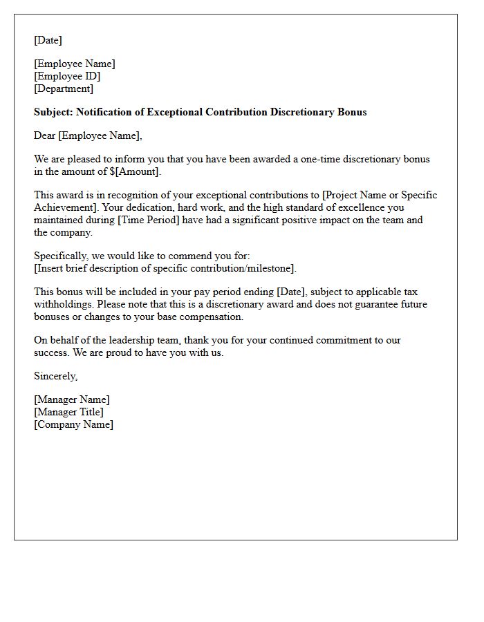 Exceptional Contribution Discretionary Bonus Award Letter