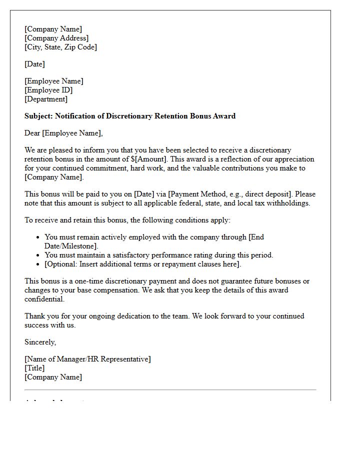 Employee Retention Discretionary Bonus Award Letter