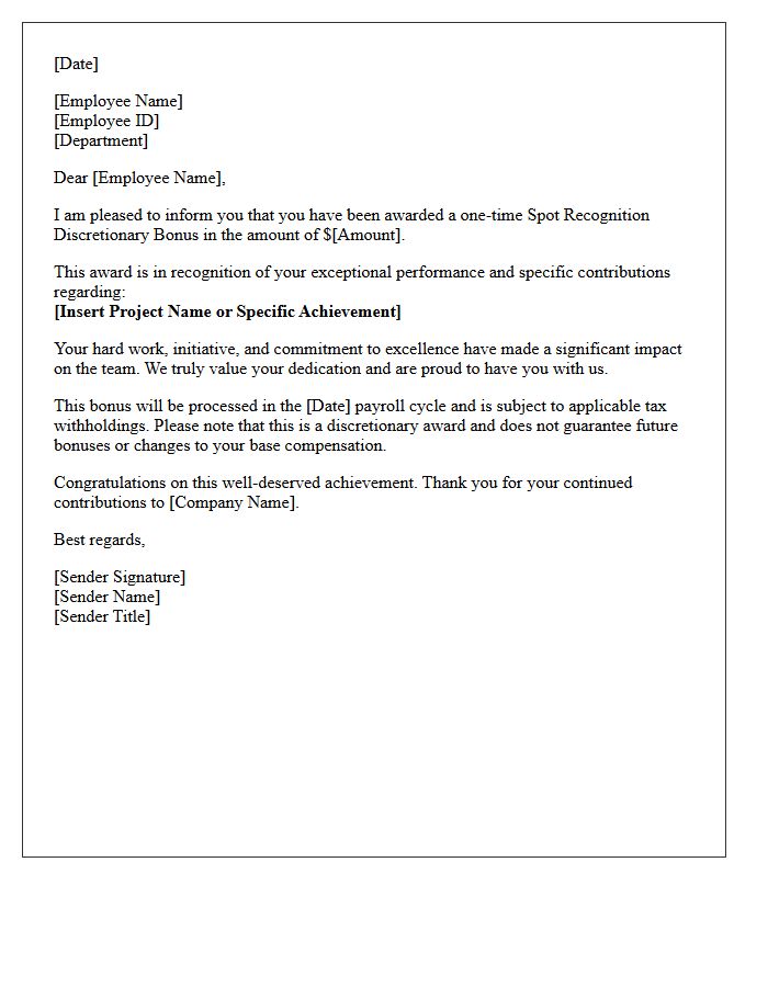 Spot Recognition Discretionary Bonus Award Letter
