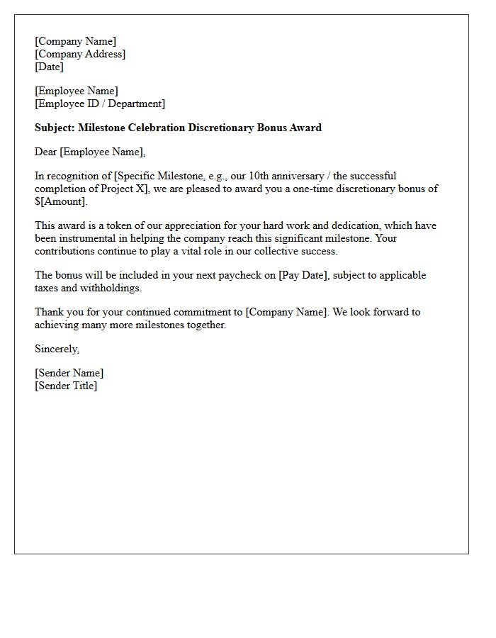 Milestone Celebration Discretionary Bonus Award Letter
