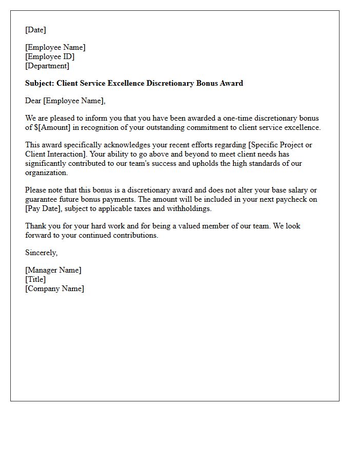 Client Service Excellence Discretionary Bonus Award Letter
