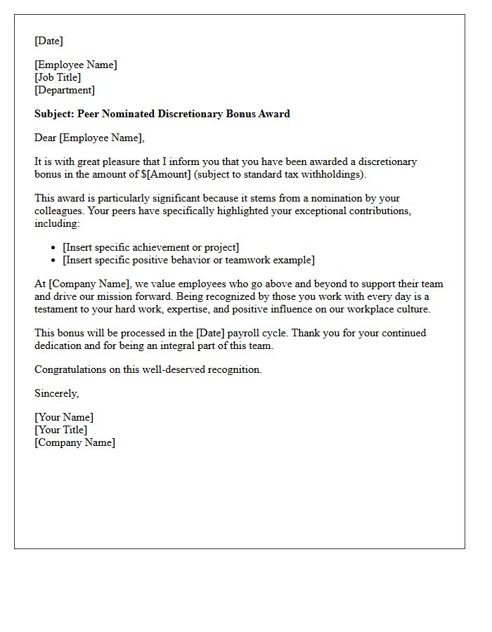 Peer Nominated Discretionary Bonus Award Letter