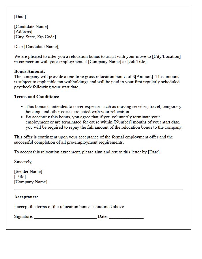 New Hire Relocation Bonus Offer Letter