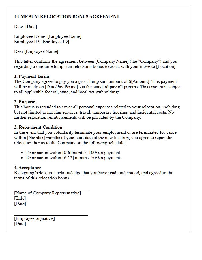Lump Sum Relocation Bonus Agreement Letter