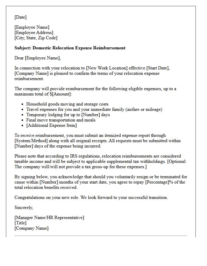Domestic Relocation Expense Reimbursement Letter