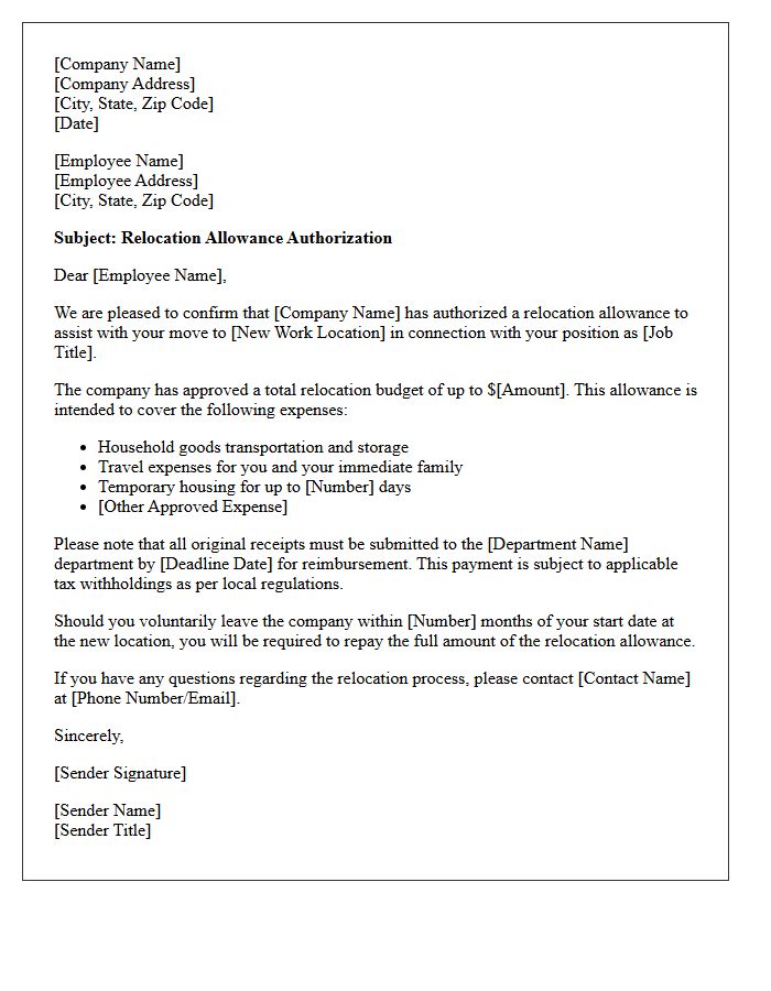 Relocation Allowance Authorization Letter