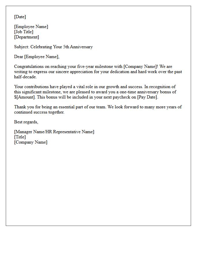 Five-Year Company Anniversary Milestone Bonus Letter