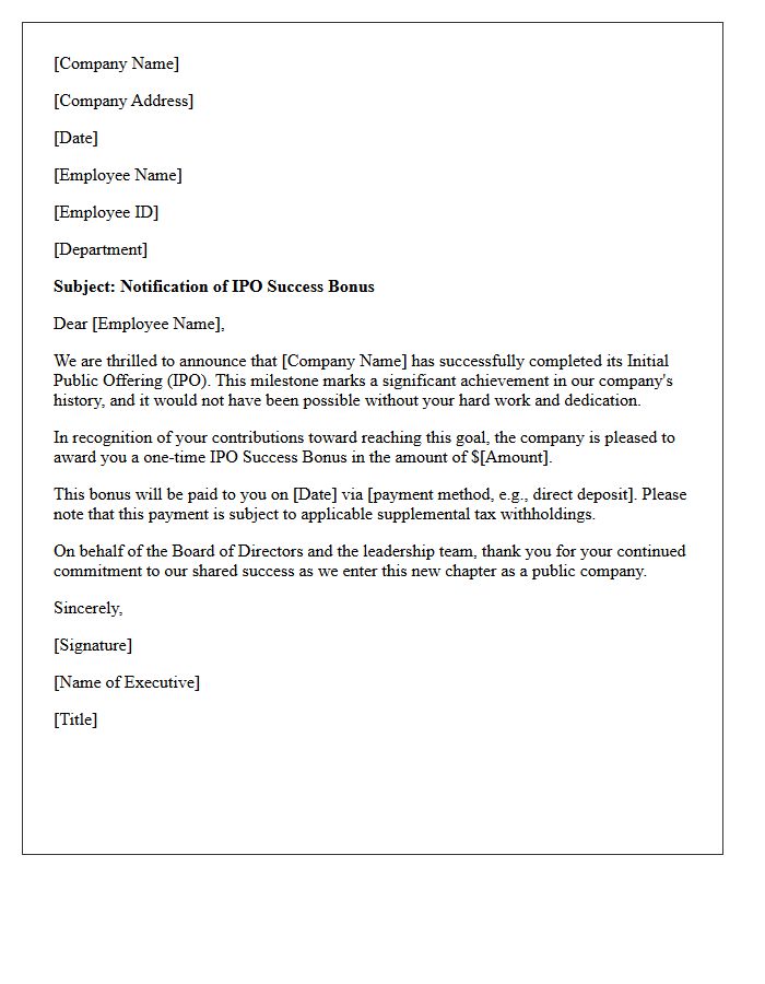 Initial Public Offering Success Bonus Letter