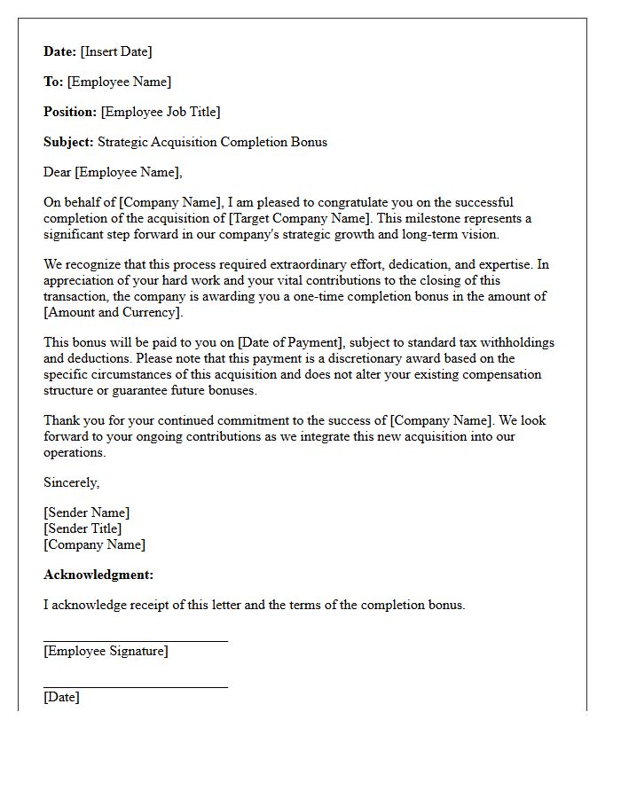 Strategic Acquisition Completion Bonus Letter