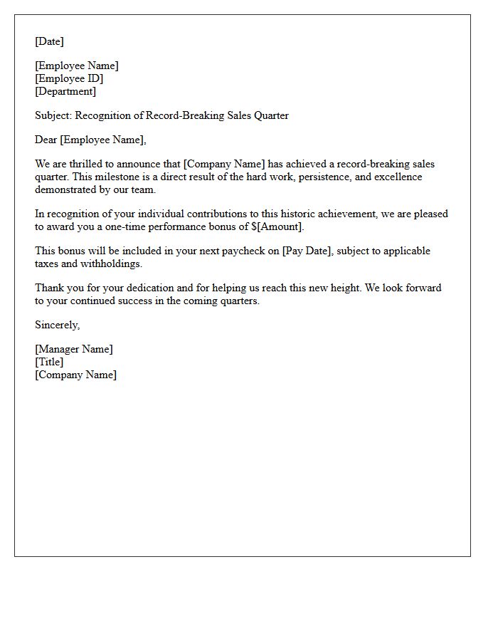 Record-Breaking Sales Quarter Milestone Bonus Letter