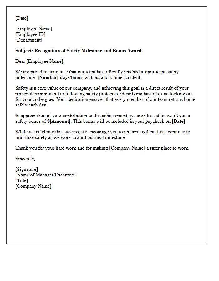 Zero Accident Safety Milestone Bonus Letter