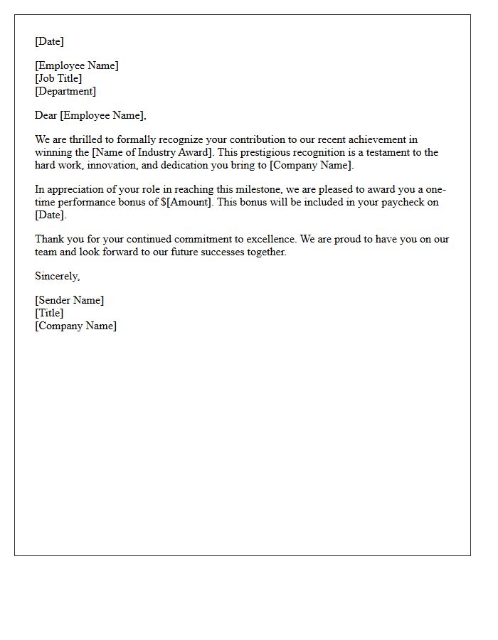 Industry Award Recognition Milestone Bonus Letter