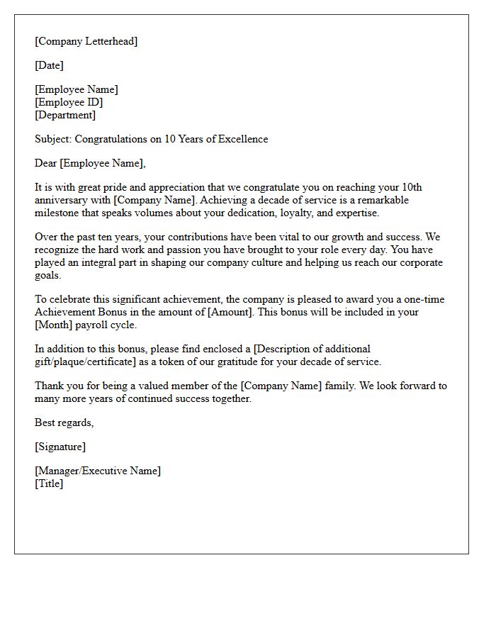 Decade Corporate Milestone Achievement Bonus Letter