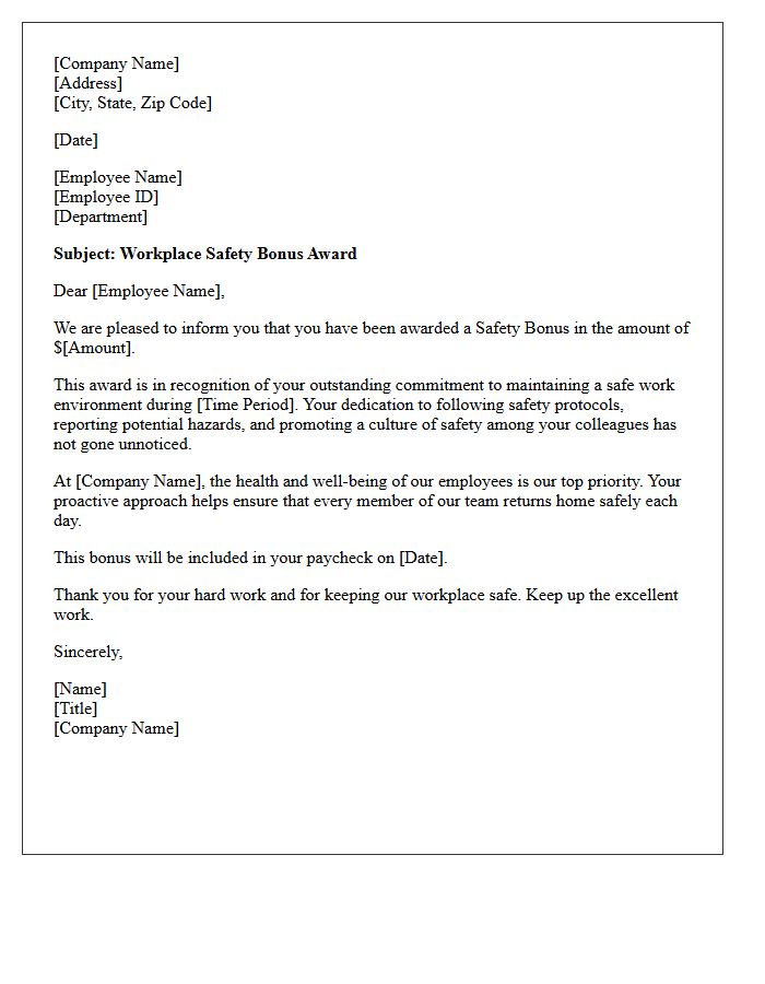 Workplace Safety Bonus Award Letter