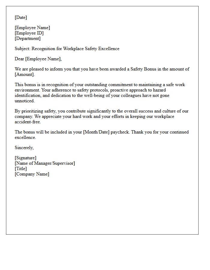 Letter of Recognition for Workplace Safety Bonus