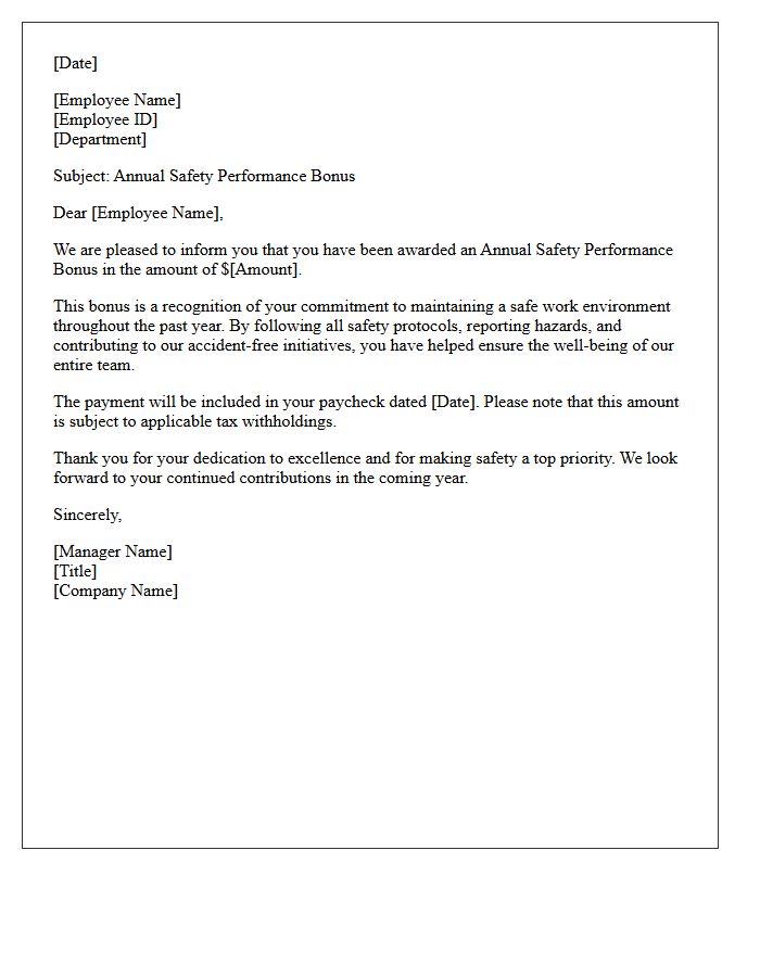 Annual Safety Performance Bonus Letter