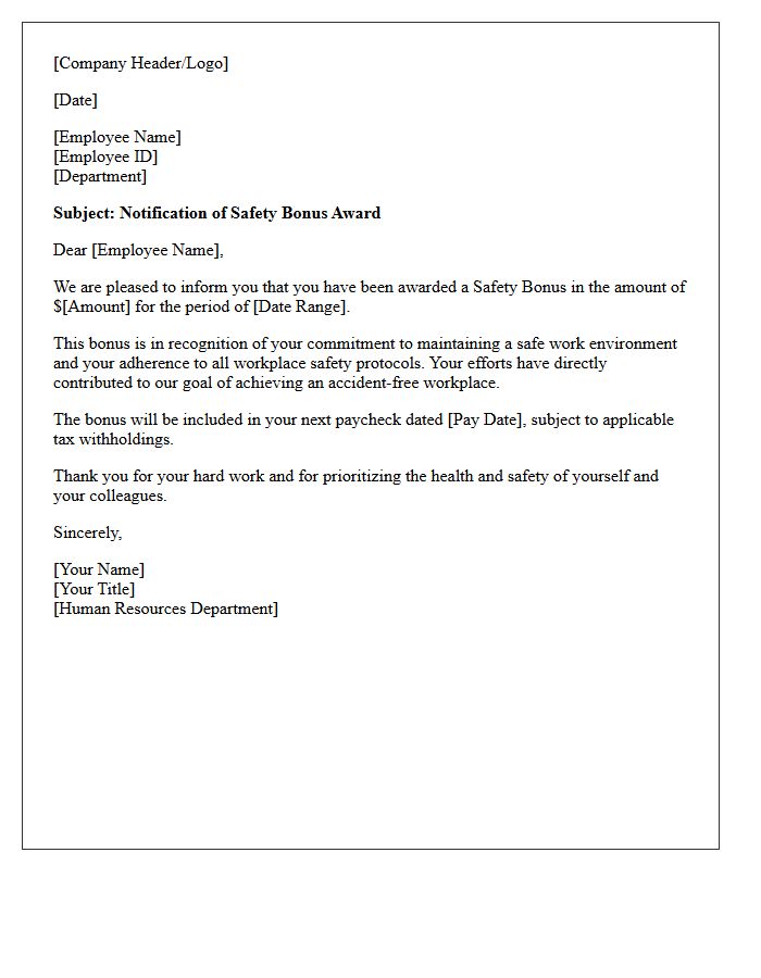 Human Resources Workplace Safety Bonus Letter