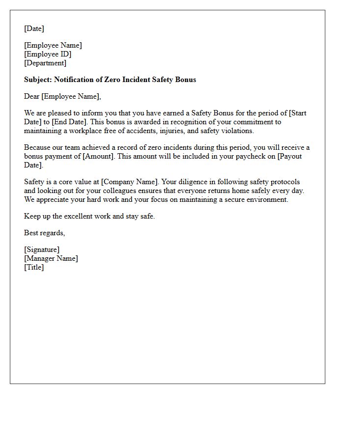 Zero Incident Safety Bonus Notification Letter
