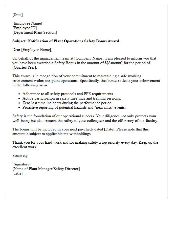Plant Operations Safety Bonus Award Letter